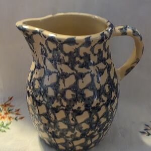 Vintage Robinson Ransbottom Blue Sponge Ware Pottery 1 Quart Pitcher